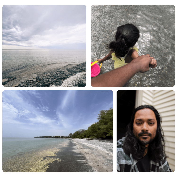 A collage of coastlines, a child wading in shallow water, and Bodhi Debnath.